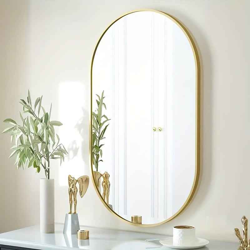 1pc 60x40cm Wall-Mounted Oval Bathroom Vanity Mirror with Brushed Aluminum Frame - Modern Space-Saving Design, Golden/Black, No Electricity Needed for Bathroom, Bedroom, or Dressing Room, Bathroom Mirrors for Wall, Bedroom Ac