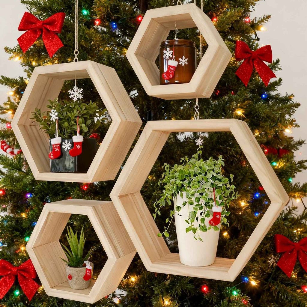 4pcs Large Wooden Hexagonal Wall Shelves, Open Display Design, Style Hexagon Geometric Profile Connecting Minimalist Aesthetic and Christmas Warm Atmosphere, Suitable For Christmas Home Wall Decor, Holiday Ambiance Enhancemen