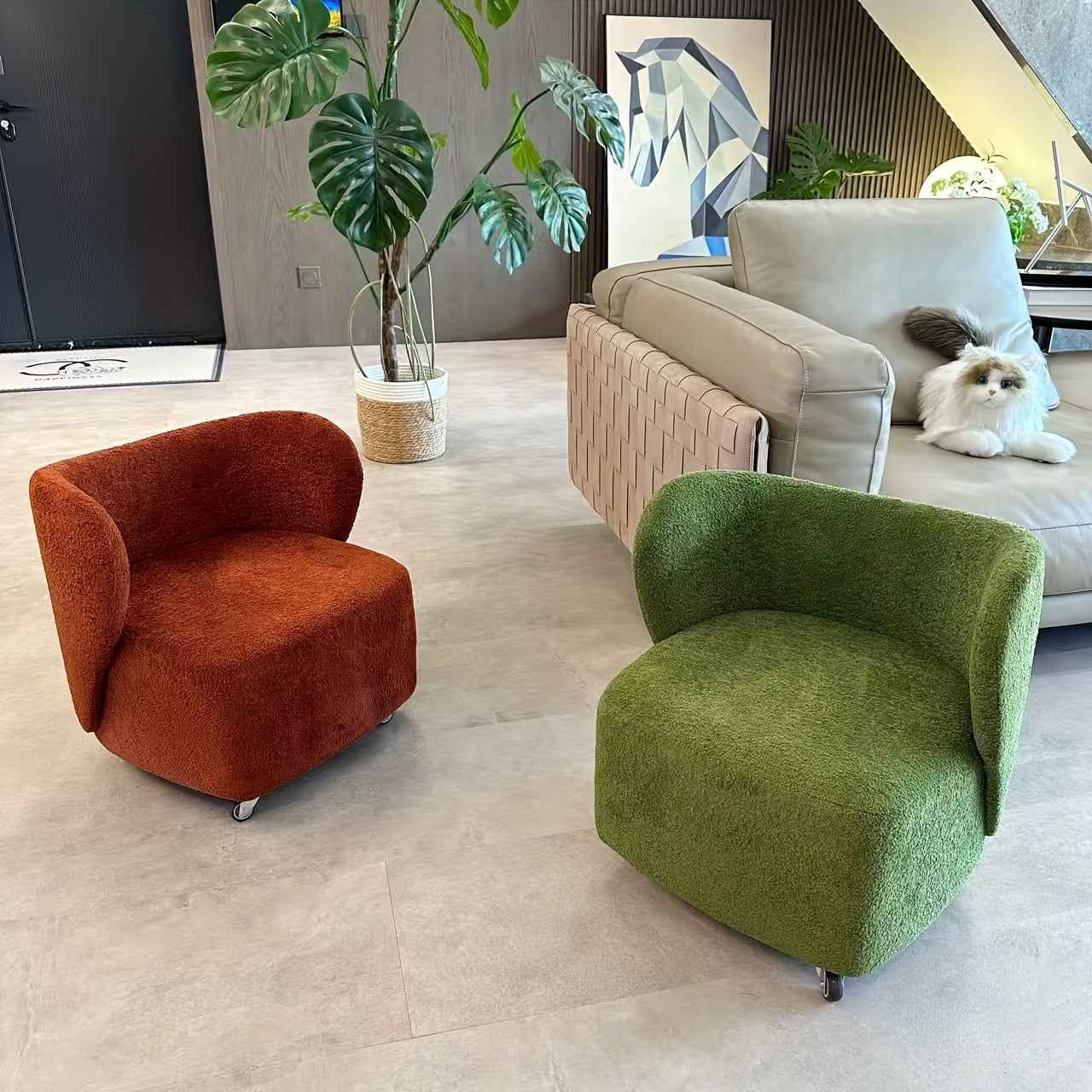 1pc Red Modern Nordic Swivel Sofa - 360° Rotating Lambskin Single with Open Back Design, Frame for 360° Rotation - for hard Floors (No Assembly Required) - Space-Saving for Small Apartments & Modern Living Rooms