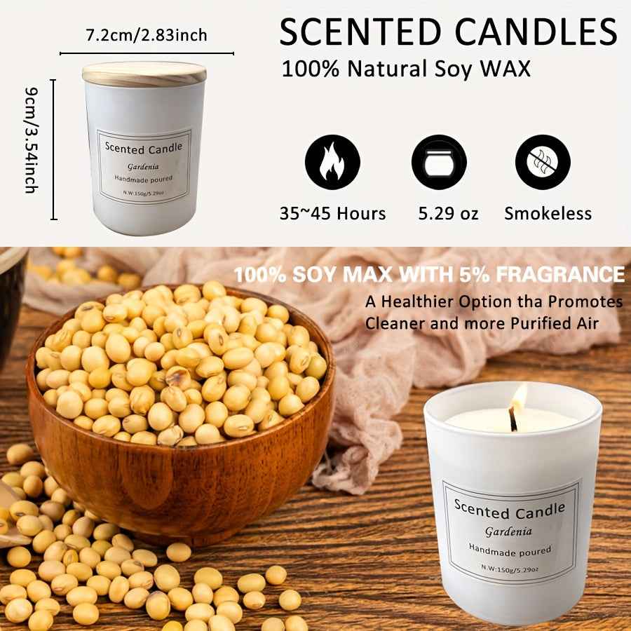 4-bottle Aromatherapy Candle Set | White Wooden Lid Glass Bottle Soy Wax Home Aromatherapy Candle Gift Box, 5.29oz, 35 Hours Burning, Wedding, Birthday, Halloween, Thanksgiving, Christmas Gift, Gardenia/Lavender/Lemon/Vanilla