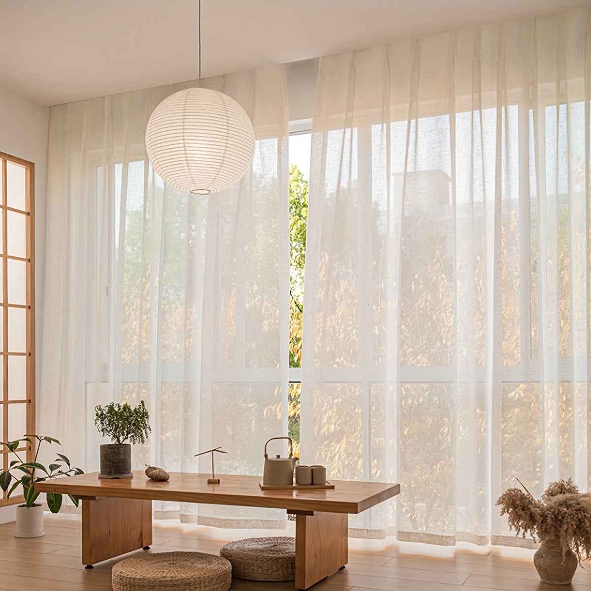 2pcs Beige Linen Sheer Curtains - Japanese Style, Light Filtering & Privacy Rod Pocket Design for Living Room and Bedroom Decor, Curtains for Living Room