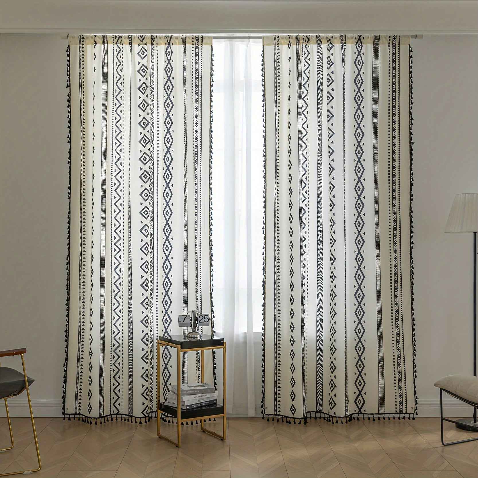 2 See Bohemian Black Geometric Tassel Kitchen Curtains, Black Modern Farmhouse Window Curtains for Bedroom, Living Room, Bathroom, Office - Polyester, Rod Pocket, Light Filtering, Washable