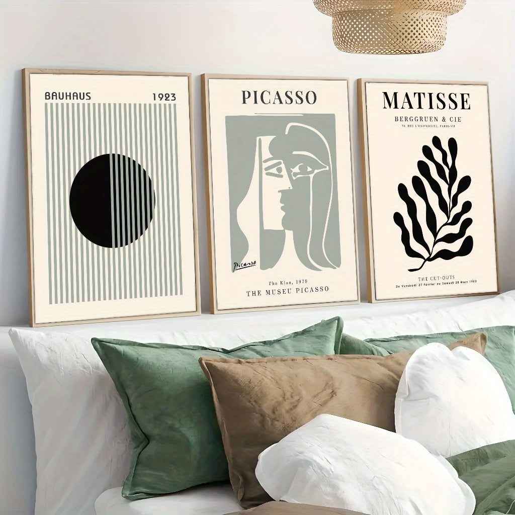 2D Flat, 3pcs Set Painting, Framed Canvas Posters for Home & Office Decor, Sage Green Wall Art, Bauhaus Poster, Modern Wall Art, Leaf Print, Minimalist Style, Abstract Art Décor, Line Art, Café, Living Room and Dorm Wall De