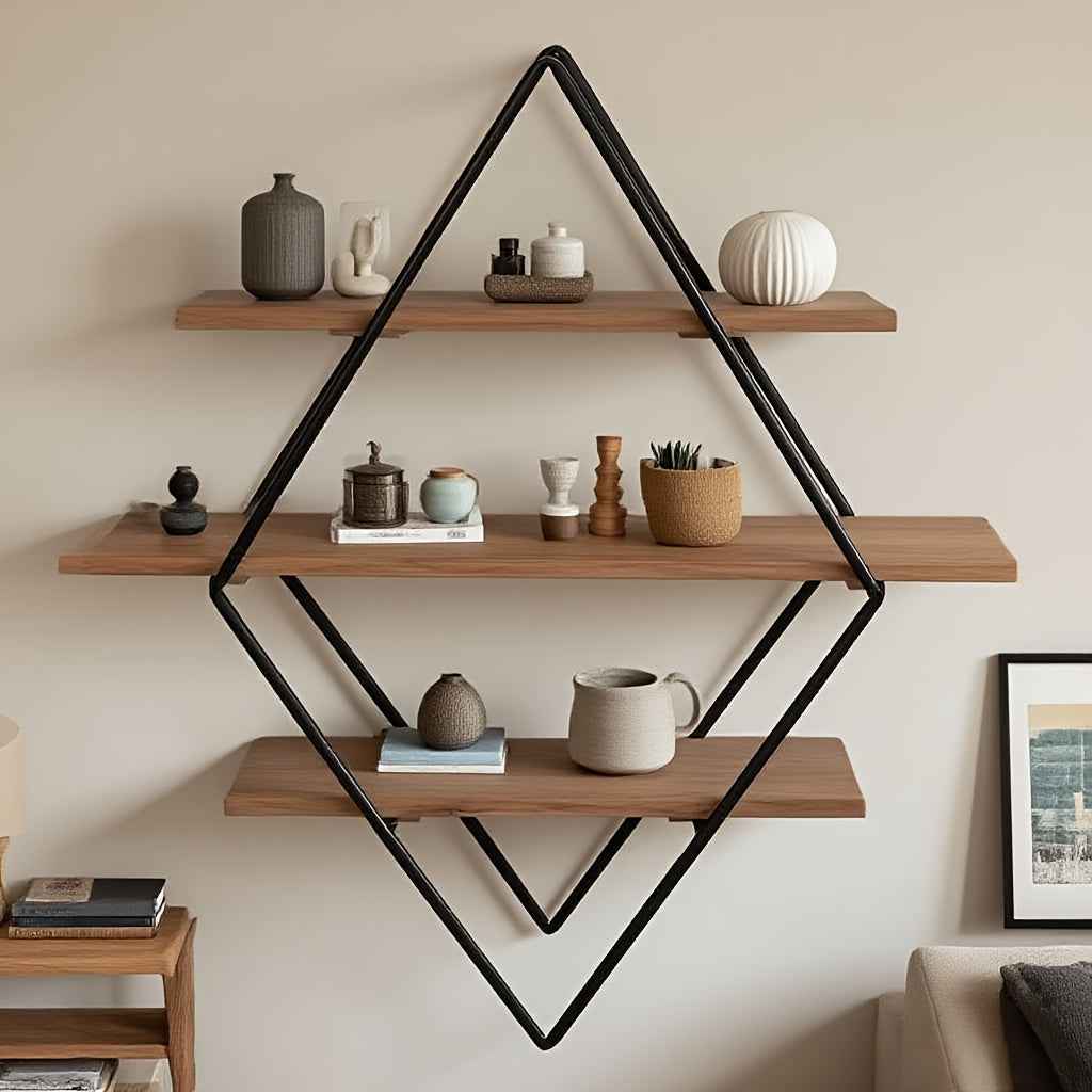 1pc Retro Three-Layer Storage Rack, Rural Simple Style Storage Cabinet Wall Rack, Iron And Wooden Storage Rack, Kitchen Spice Storage Rack, Study Book Storage Rack, Hanging Decoration, Suitable for Living Room, Study, Kitchen