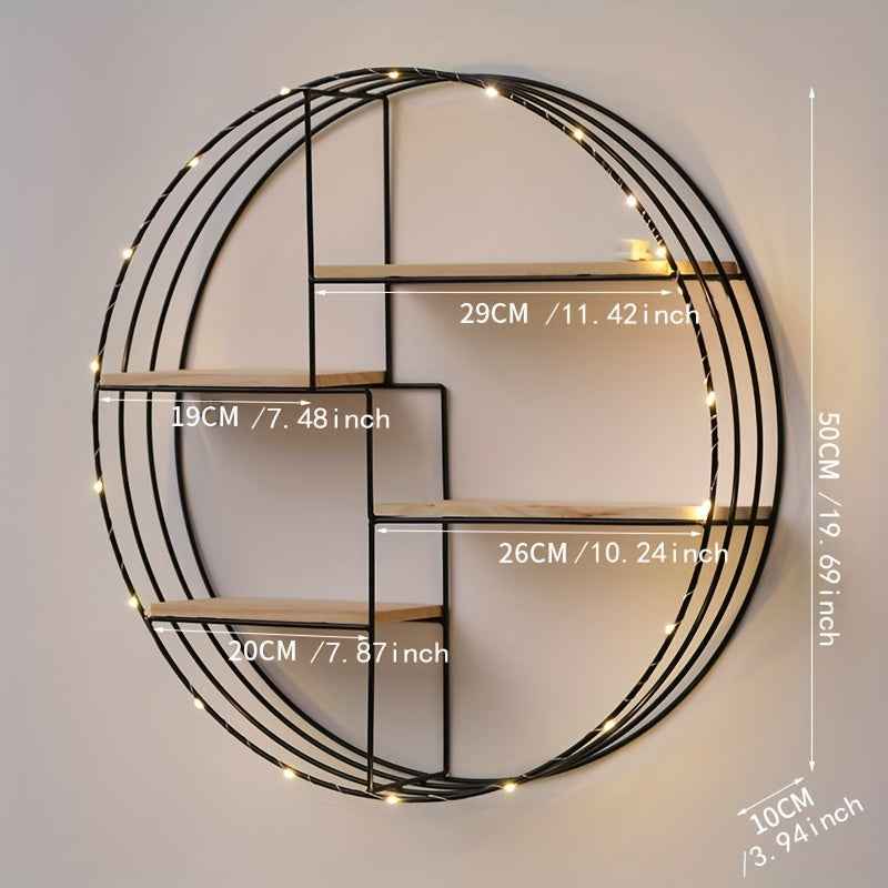 Golden, black, four-layer multi-functional storage shelf, round wall-mounted floating shelf - iron and wood combination, living room, bedroom, bathroom, dining and farmhouse storage multi-functional organizer (lights not incl