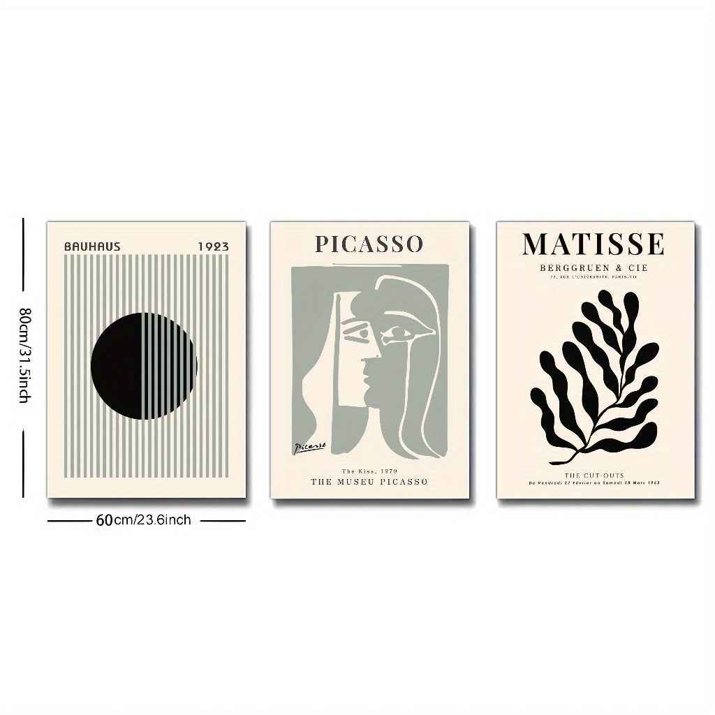 2D Flat, 3pcs Set Painting, Framed Canvas Posters for Home & Office Decor, Sage Green Wall Art, Bauhaus Poster, Modern Wall Art, Leaf Print, Minimalist Style, Abstract Art Décor, Line Art, Café, Living Room and Dorm Wall De