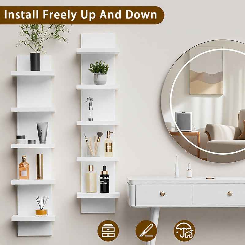 5-Tier White PVC Wall-Mounted Shelf System - Heavy-Duty 5-Layer Vertical Storage Unit with Space-Saving Shelving for Books, Plants & Decor, Modern Minimalist Hanging Cabinet for Bedroom, Living Room, Entryway - Easy Installat
