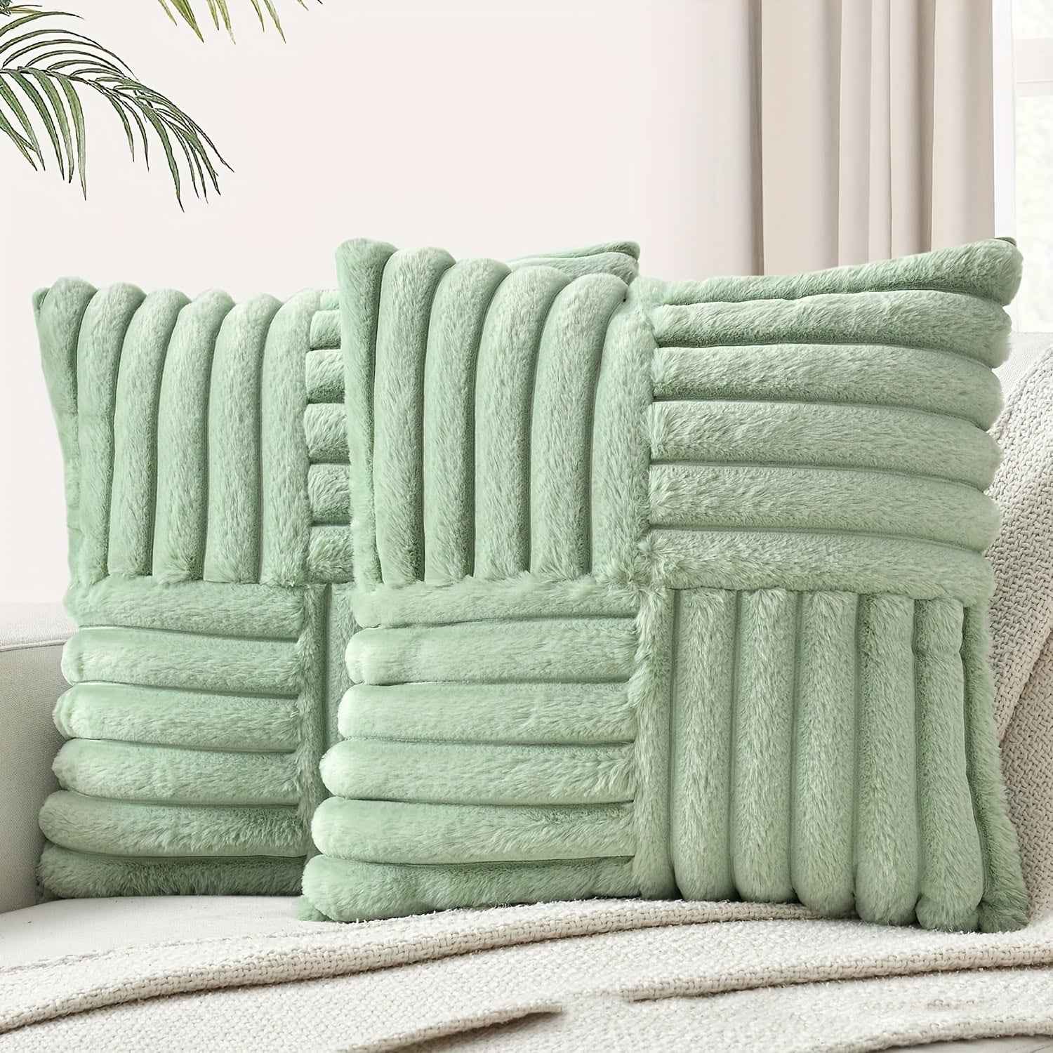 2pcs Soft Plush Faux Fur Throw Pillow Covers with Zipper Closure - Cozy Striped Design in Beige, Pink, Red, Gray - Perfect for Living Room Sofa & Bedroom Decor, Machine Washable, Bedroom Decor | Cozy Home Accents | Plush Text