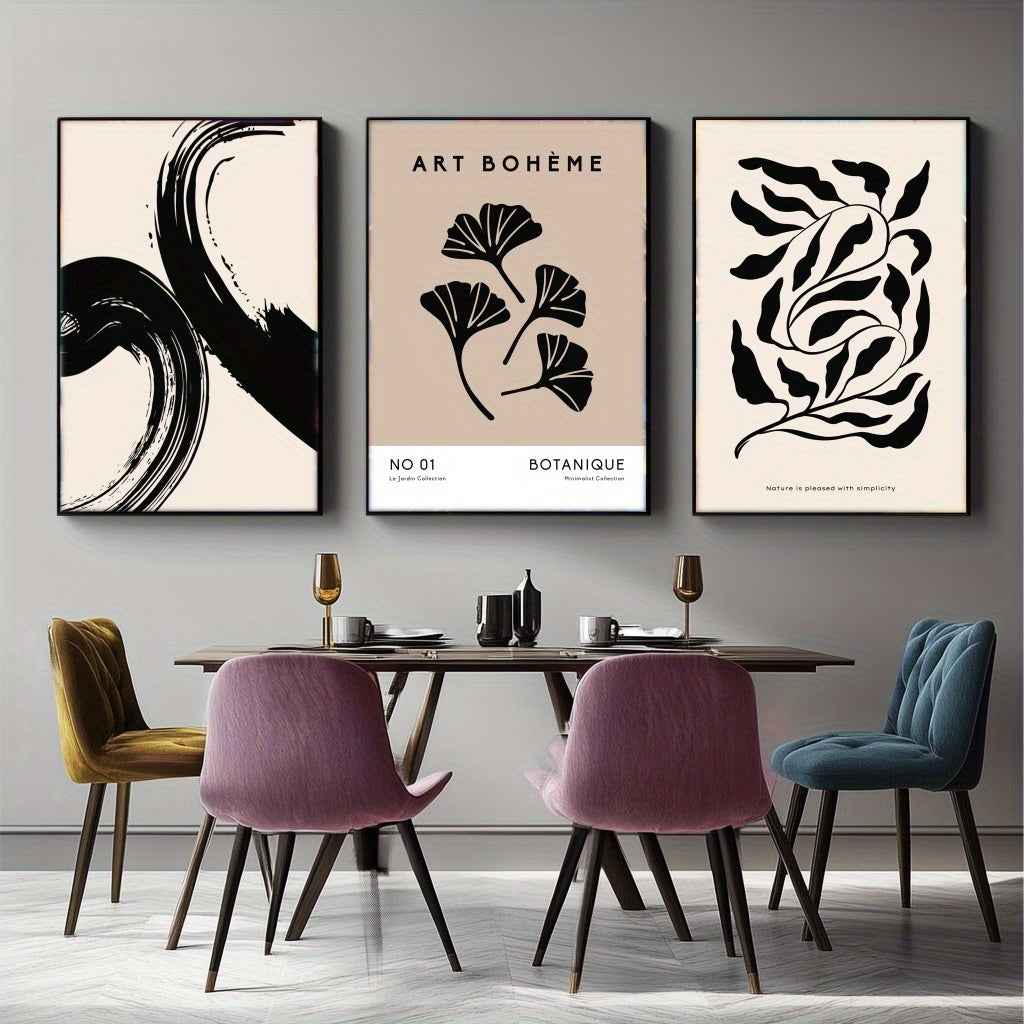 2D Flat 3pcs/set Canvas Painting Set, Contemporary Framed Artwork for Living Room & Dining Room - Wooden Frame DecorModern minimalist art, leaf poster, Bar, Cafe, Living Room, home and dormitory wall decoration, 2D Flat