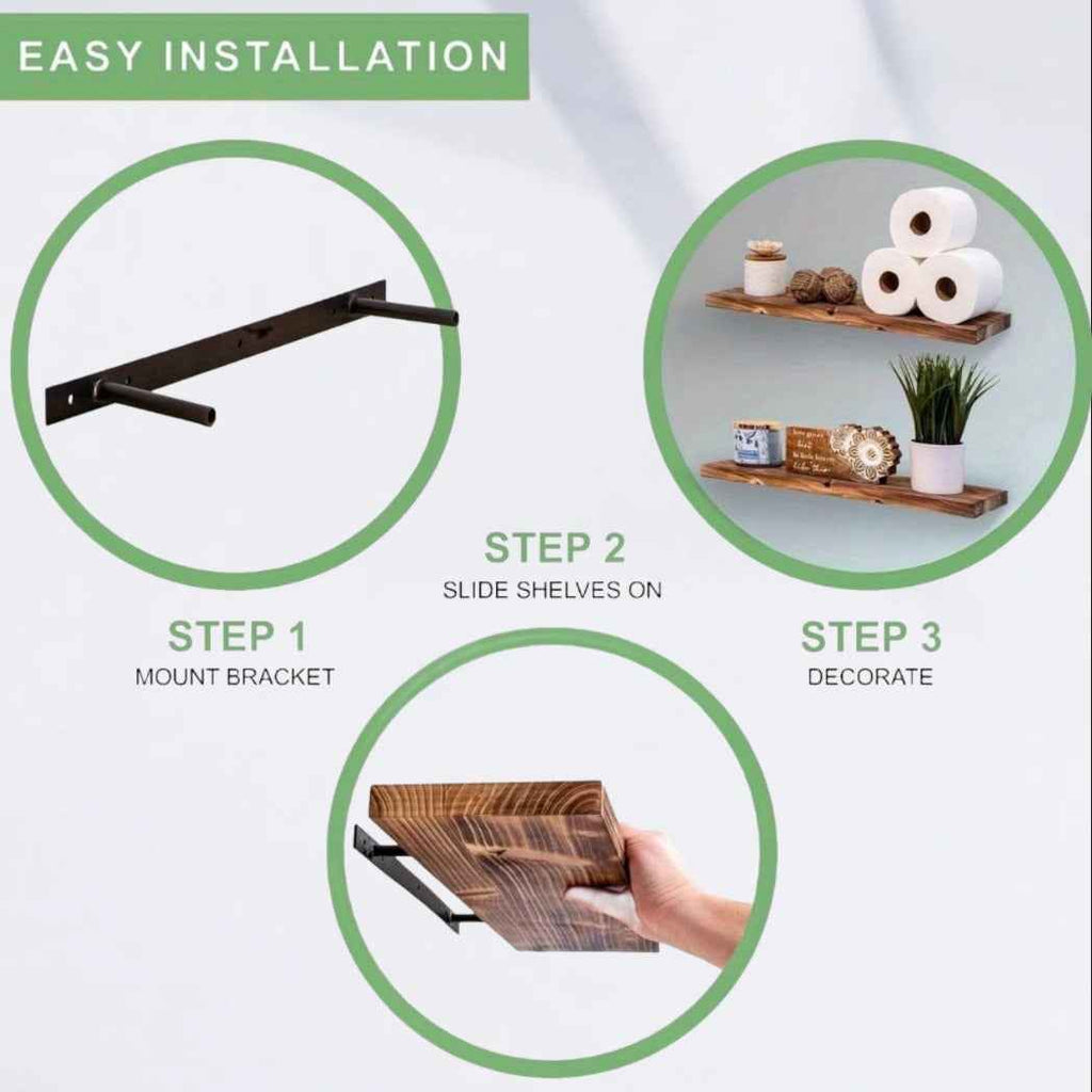 Rustic Wood Floating Shelves - Wall Mounted Home Decor with Heavy Duty Brackets, Natural Wood Finish, Easy to Install, Perfect for Living Room, Bedroom, Bathroom, Kitchen And Study, Display Photos, Plants, Books And More, Ver