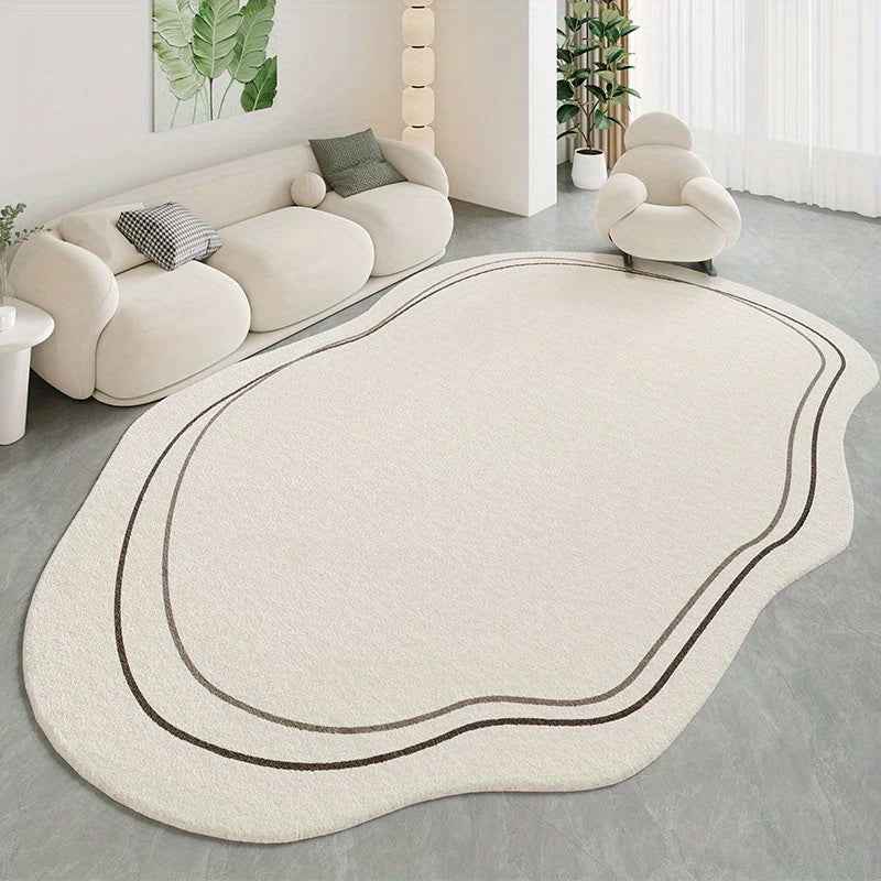 Luxurious Cream and Green Striped Area Mat - 1000g/m², 10mm, Machine Washable, Irregular Shape for Living Room, Bedroom, or Office Decor, Rugs for Living Room
