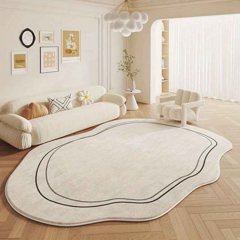 Luxurious Cream and Green Striped Area Mat - 1000g/m², 10mm, Machine Washable, Irregular Shape for Living Room, Bedroom, or Office Decor, Rugs for Living Room