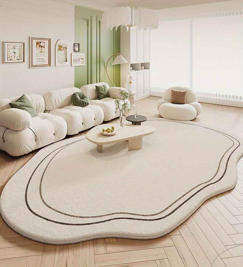 Luxurious Cream and Green Striped Area Mat - 1000g/m², 10mm, Machine Washable, Irregular Shape for Living Room, Bedroom, or Office Decor, Rugs for Living Room