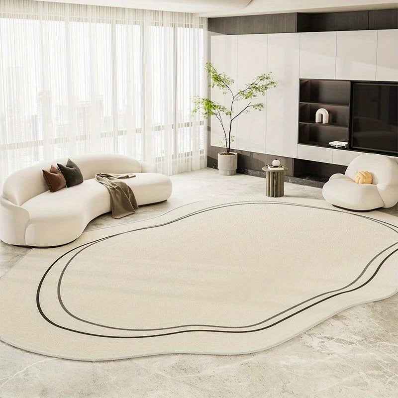 Luxurious Cream and Green Striped Area Mat - 1000g/m², 10mm, Machine Washable, Irregular Shape for Living Room, Bedroom, or Office Decor, Rugs for Living Room