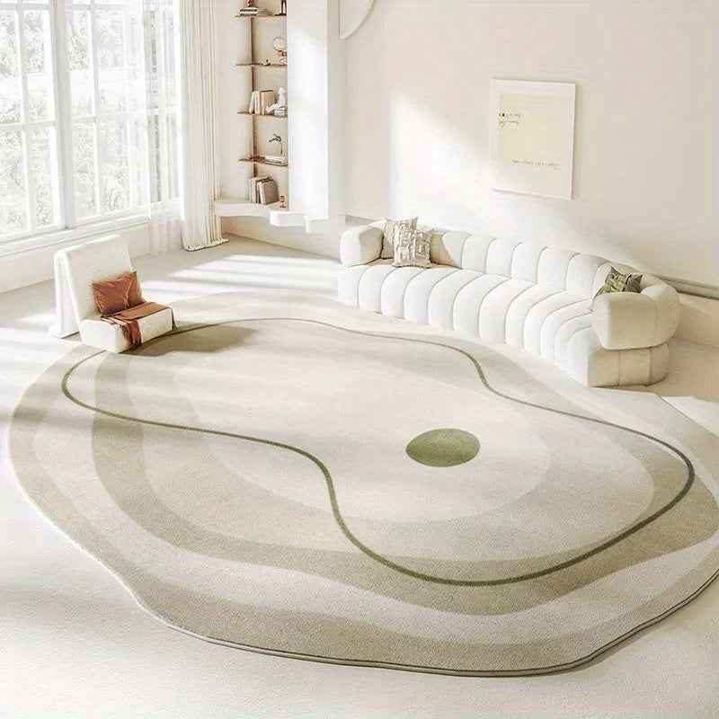 Luxurious Cream and Green Striped Area Mat - 1000g/m², 10mm, Machine Washable, Irregular Shape for Living Room, Bedroom, or Office Decor, Rugs for Living Room