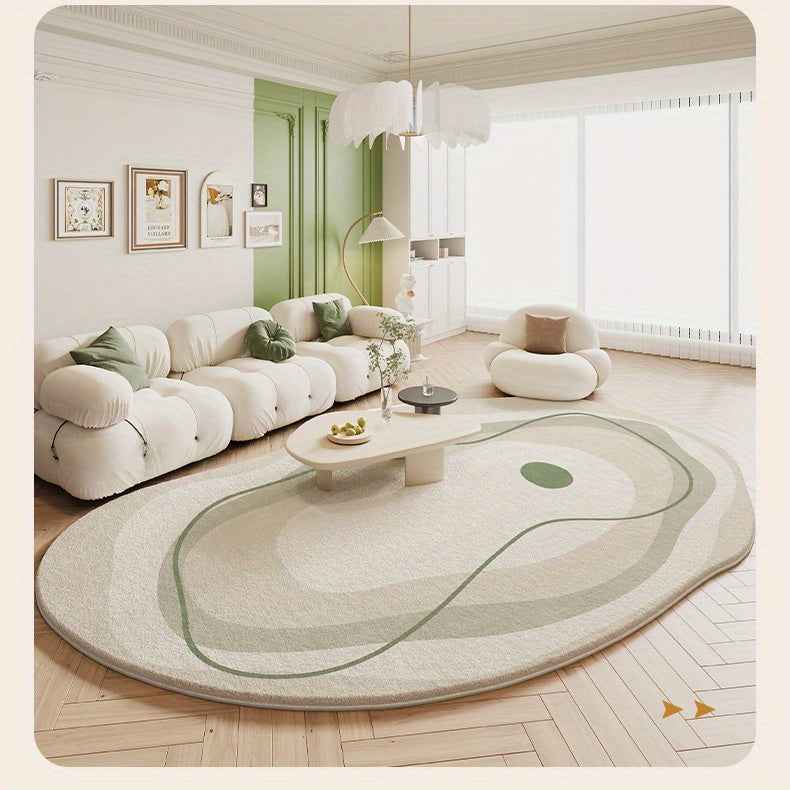 Luxurious Cream and Green Striped Area Mat - 1000g/m², 10mm, Machine Washable, Irregular Shape for Living Room, Bedroom, or Office Decor, Rugs for Living Room