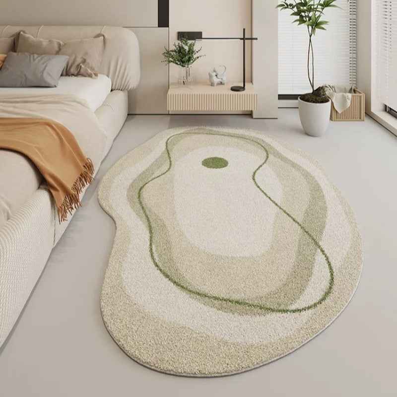 Luxurious Cream and Green Striped Area Mat - 1000g/m², 10mm, Machine Washable, Irregular Shape for Living Room, Bedroom, or Office Decor, Rugs for Living Room