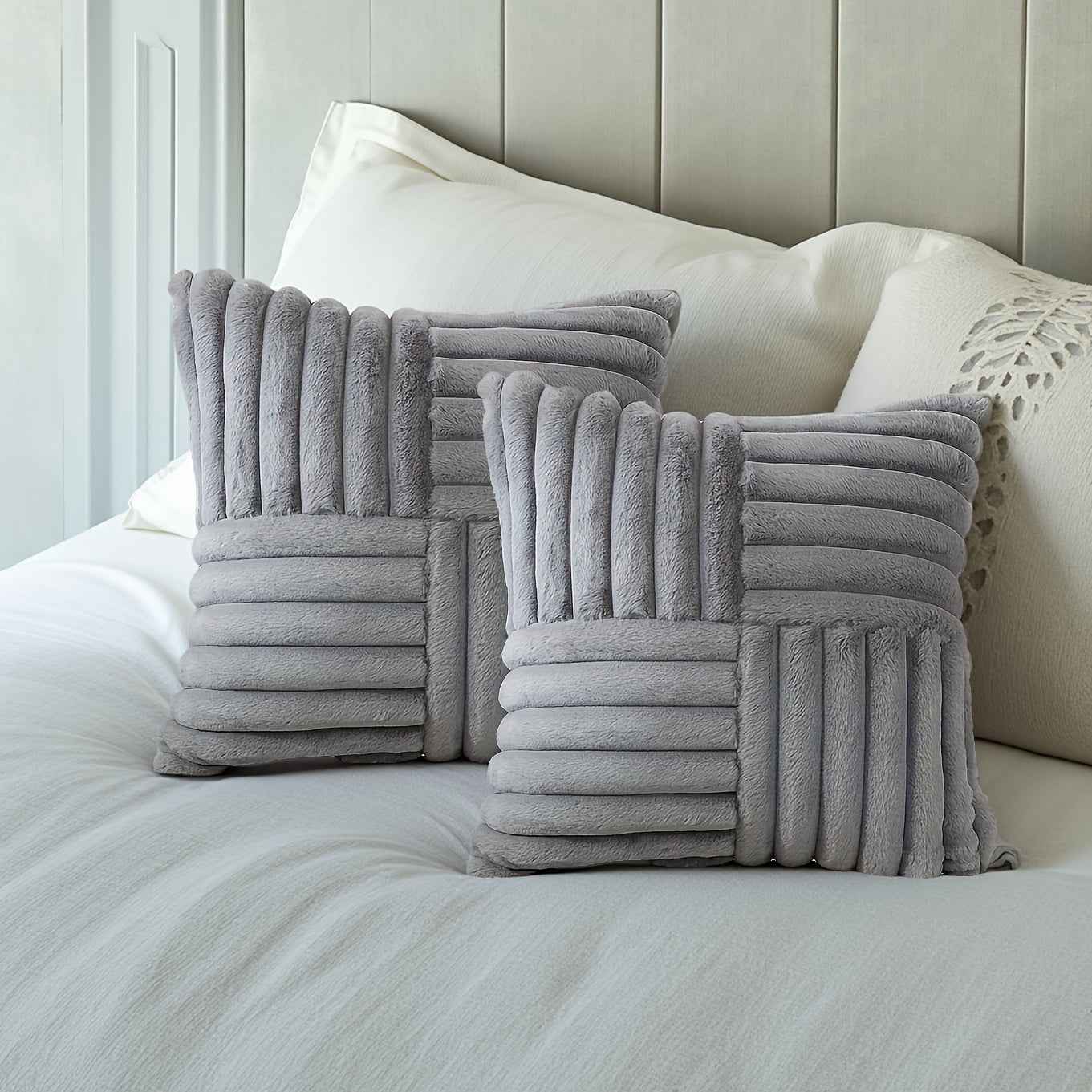 2pcs Soft Plush Faux Fur Throw Pillow Covers with Zipper Closure - Cozy Striped Design in Beige, Pink, Red, Gray - Perfect for Living Room Sofa & Bedroom Decor, Machine Washable, Bedroom Decor | Cozy Home Accents | Plush Text