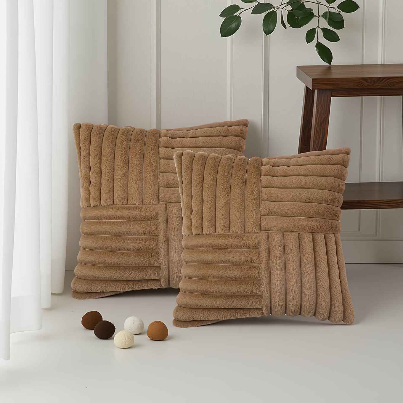 2pcs Soft Plush Faux Fur Throw Pillow Covers with Zipper Closure - Cozy Striped Design in Beige, Pink, Red, Gray - Perfect for Living Room Sofa & Bedroom Decor, Machine Washable, Bedroom Decor | Cozy Home Accents | Plush Text