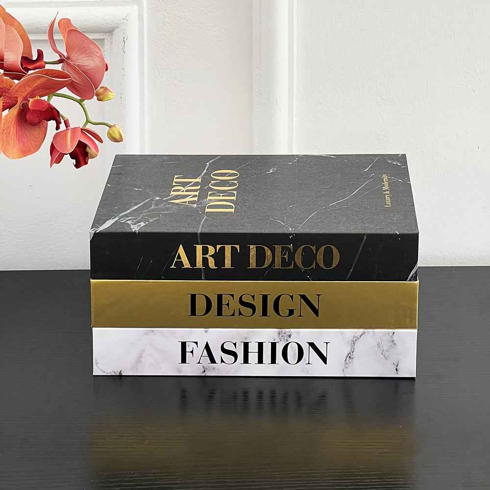 3pcs Set of Decorative Books with Golden Marble Finish, Unopenable without Electricity, Suitable for Bedroom, Living Room, Office Decoration. Can Be Used as Photo Prop