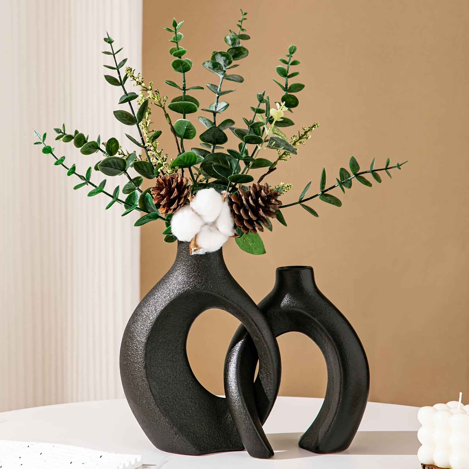 Contemporary Ceramic Vase Set, 2 Piece, Geometric Pedestal Bud Vases, Solid Pattern, Decorative Floral Arrangement Holders for Home Decor