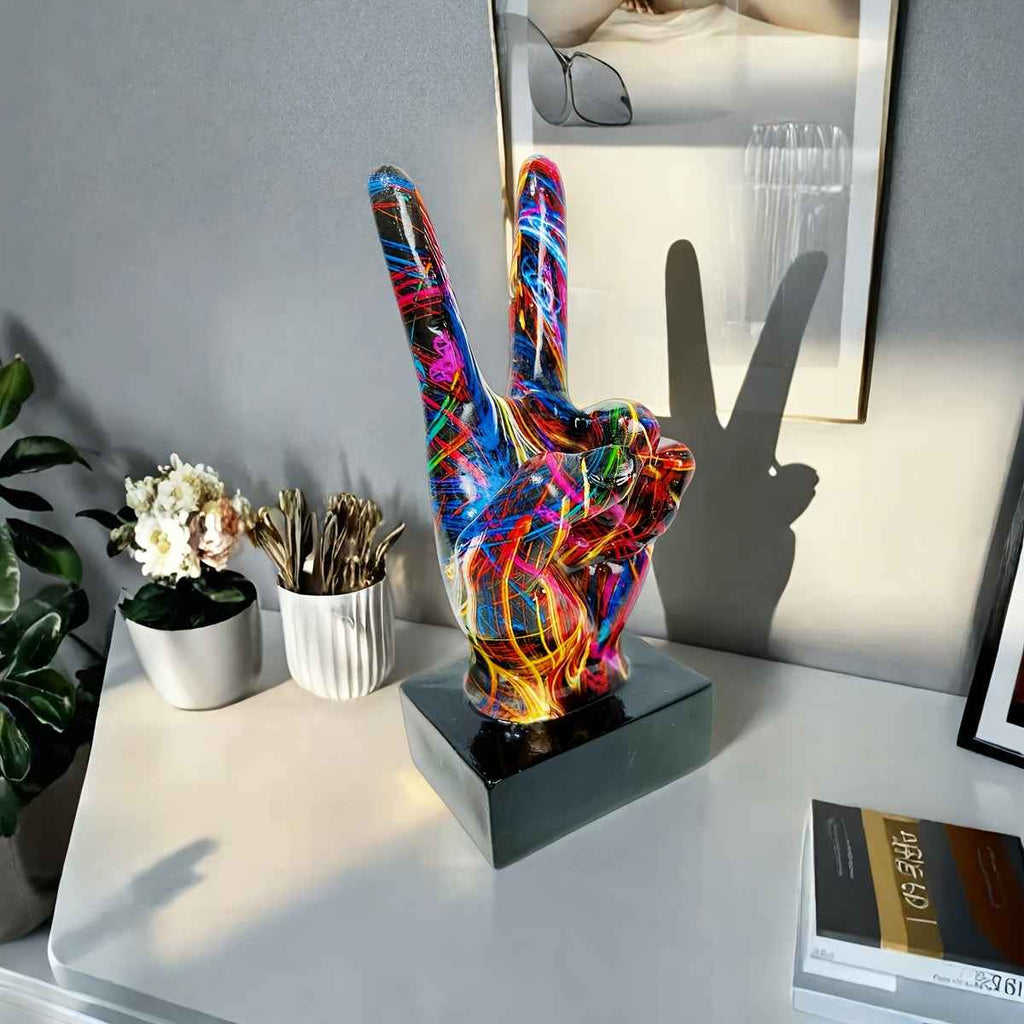 Contemporary Resin Peace Sign Sculpture - Vibrant Abstract Art Decor for Living Room, Thanksgiving Holiday Display, Unique Gift Idea, No Power Needed, Home DecorContemporary Resin Peace Sign Sculpture - Vibrant Abstract Art D