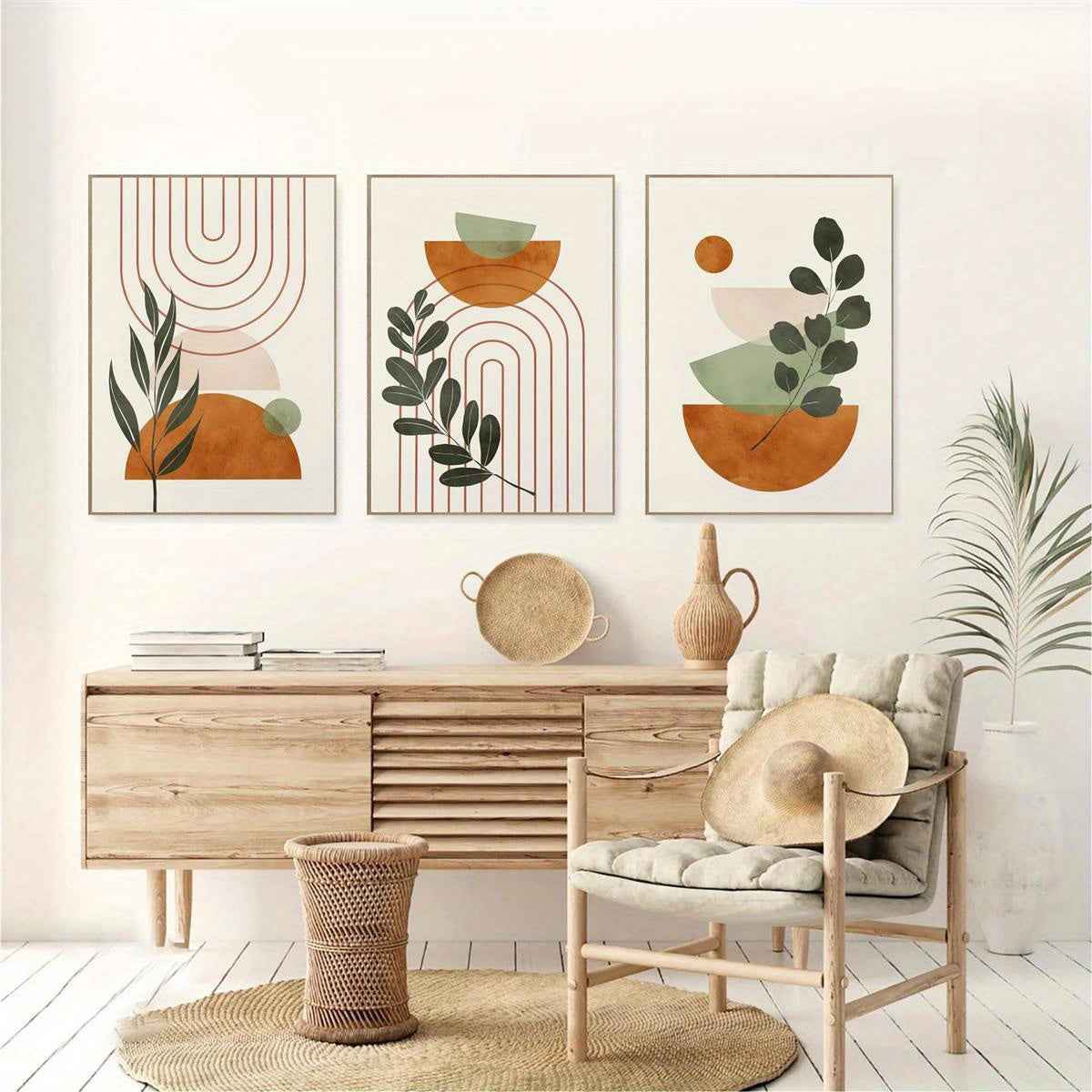 2D Flat, 3pcs Wooden Framed 2D Botanical Wall Art, Boho Print, Mid Century Wall Art, Sage Green Painting, Creative Canvas Poster, Waterproof Canvas Wall Decor, Artwork for Gift, Bedroom and Dormitory Decoration