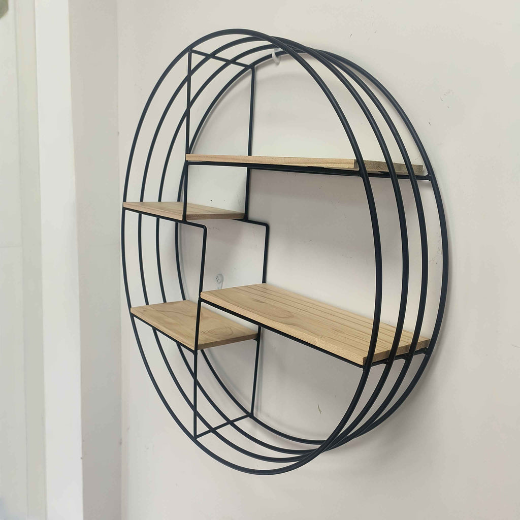 Golden, black, four-layer multi-functional storage shelf, round wall-mounted floating shelf - iron and wood combination, living room, bedroom, bathroom, dining and farmhouse storage multi-functional organizer (lights not incl