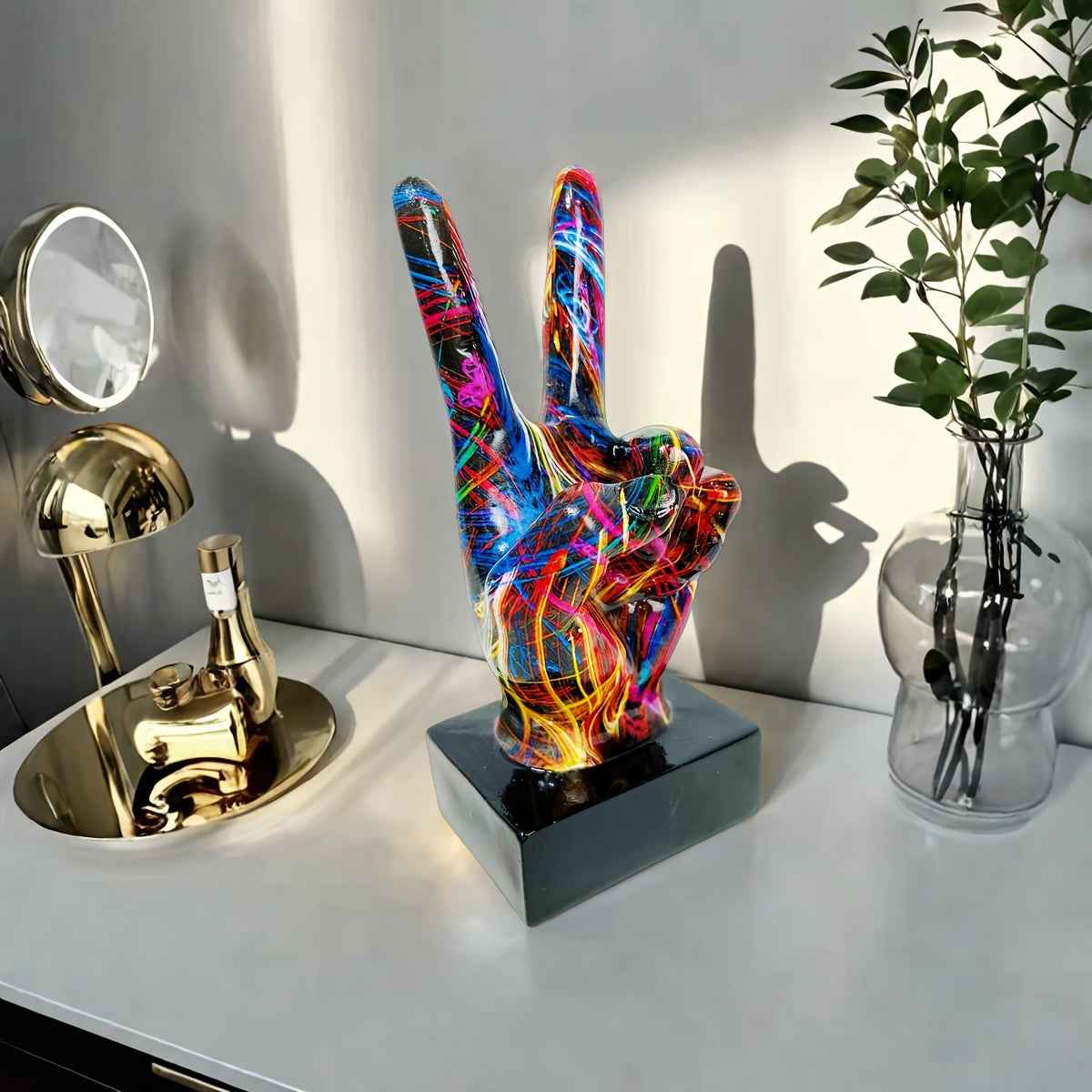 Contemporary Resin Peace Sign Sculpture - Vibrant Abstract Art Decor for Living Room, Thanksgiving Holiday Display, Unique Gift Idea, No Power Needed, Home DecorContemporary Resin Peace Sign Sculpture - Vibrant Abstract Art D