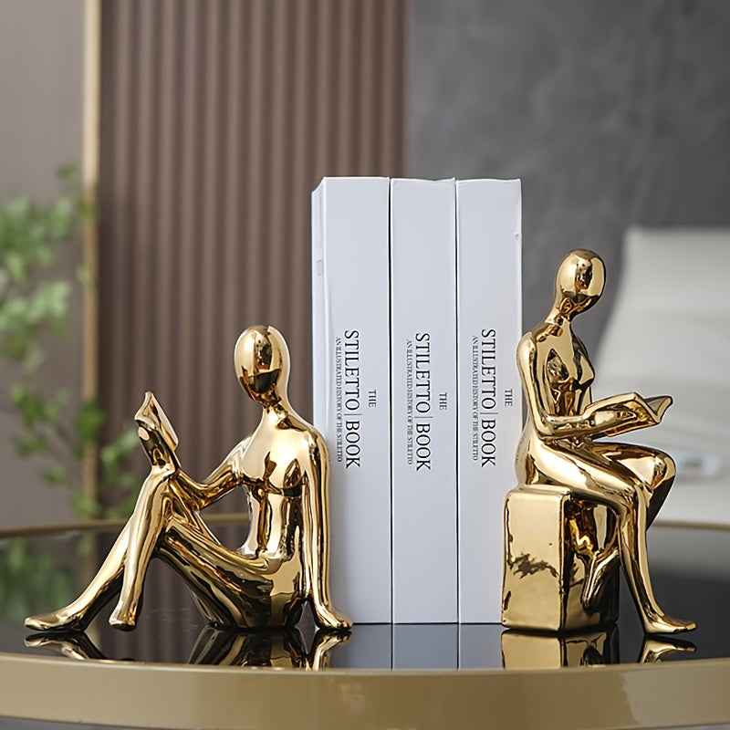 Modern Minimalist Gold-Tone Abstract Figurine Bookends: Perfect for Home Office or Living Room Decor