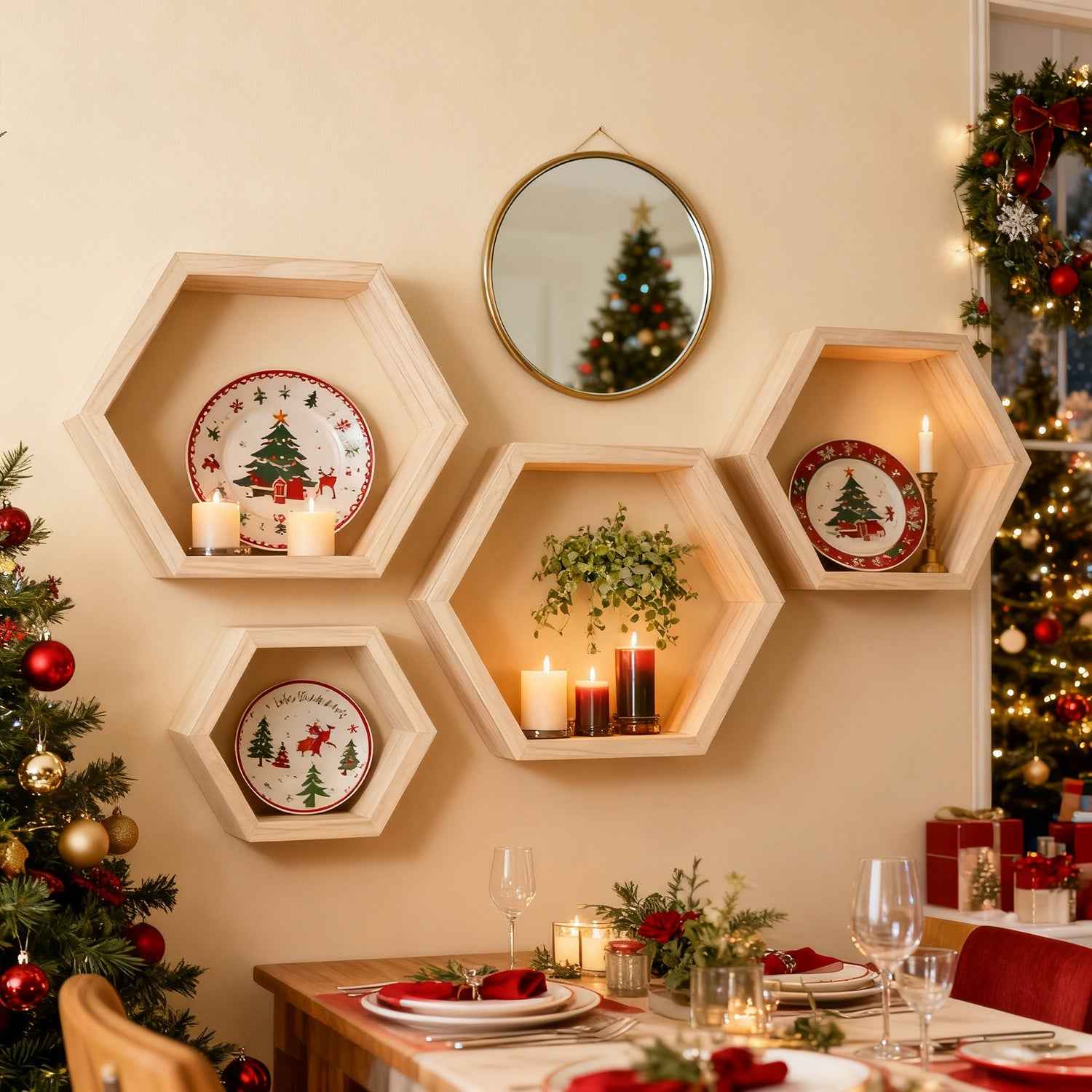 4pcs Large Wooden Hexagonal Wall Shelves, Open Display Design, Style Hexagon Geometric Profile Connecting Minimalist Aesthetic and Christmas Warm Atmosphere, Suitable For Christmas Home Wall Decor, Holiday Ambiance Enhancemen
