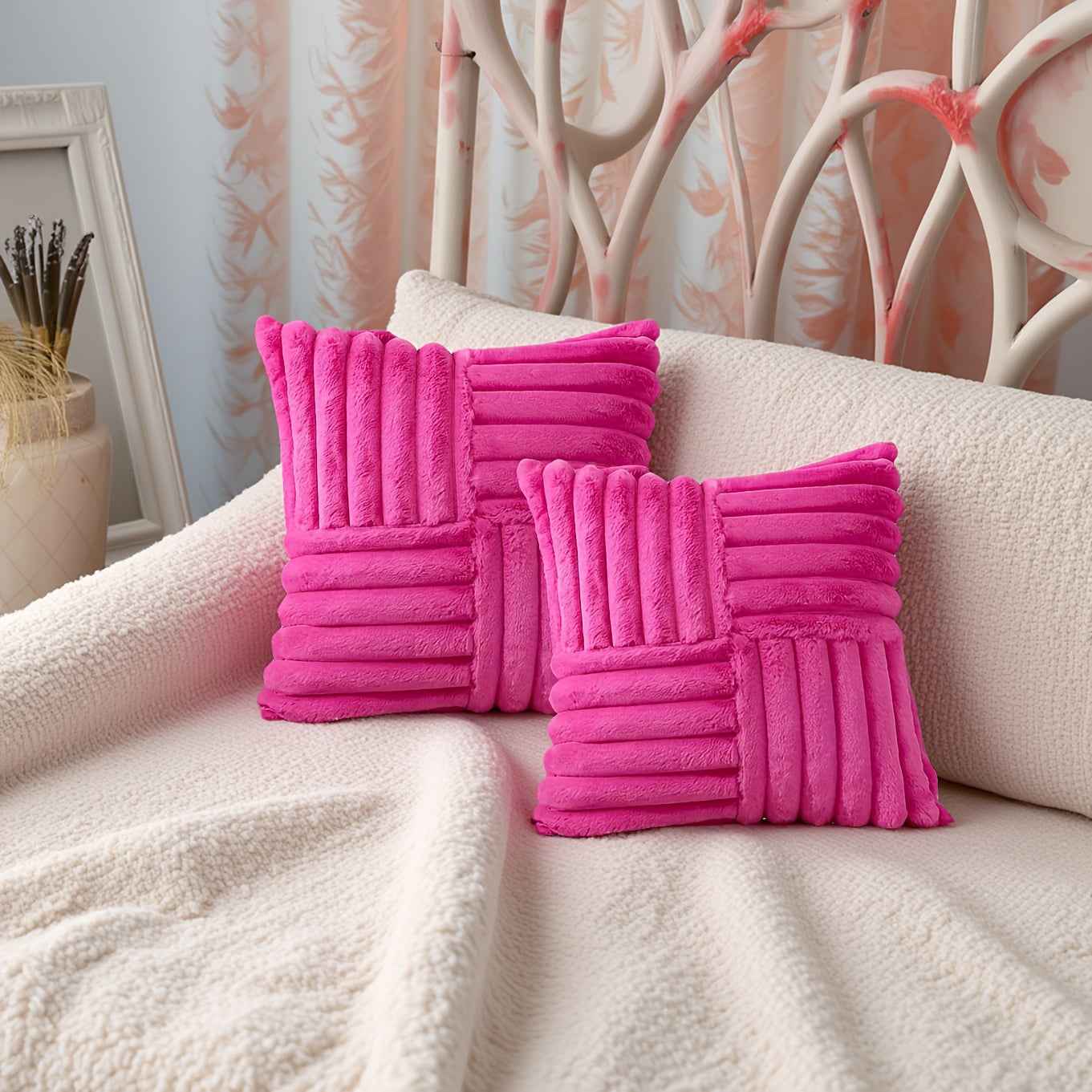 2pcs Soft Plush Faux Fur Throw Pillow Covers with Zipper Closure - Cozy Striped Design in Beige, Pink, Red, Gray - Perfect for Living Room Sofa & Bedroom Decor, Machine Washable, Bedroom Decor | Cozy Home Accents | Plush Text