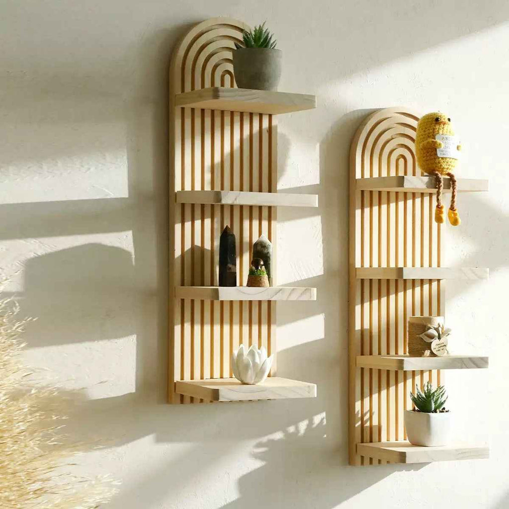 1pc Multi-Layer Bohemian Wall Shelf - Natural Wood Grain Vertical Hanging Storage Rack, Suitable for Living Room, Bedroom, Office - Farmhouse, Modern, Bohemian Home Decor - Space-Saving Plant, Book, Decoration Shelf - Easy In