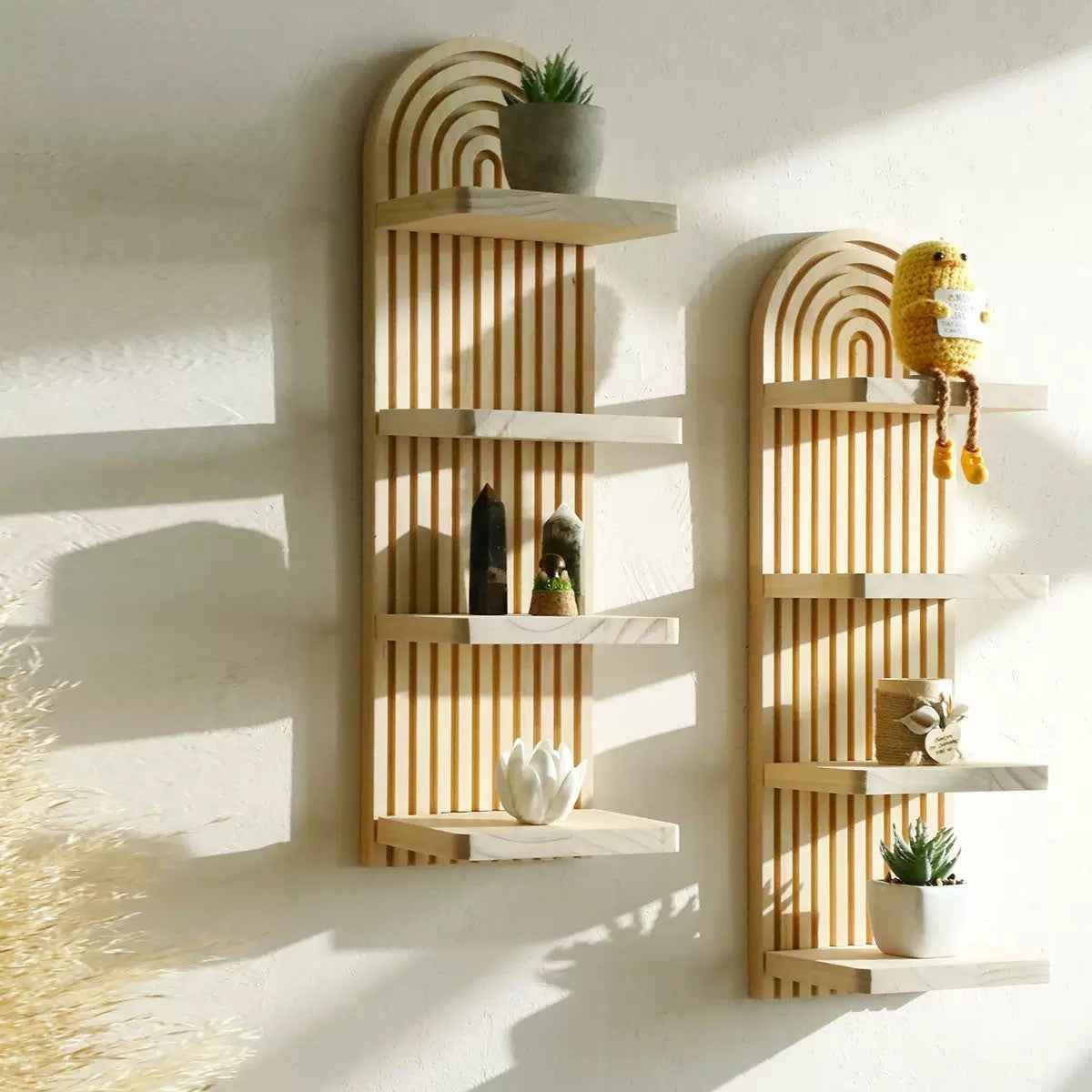 1pc Multi-Layer Bohemian Wall Shelf - Natural Wood Grain Vertical Hanging Storage Rack, Suitable for Living Room, Bedroom, Office - Farmhouse, Modern, Bohemian Home Decor - Space-Saving Plant, Book, Decoration Shelf - Easy In