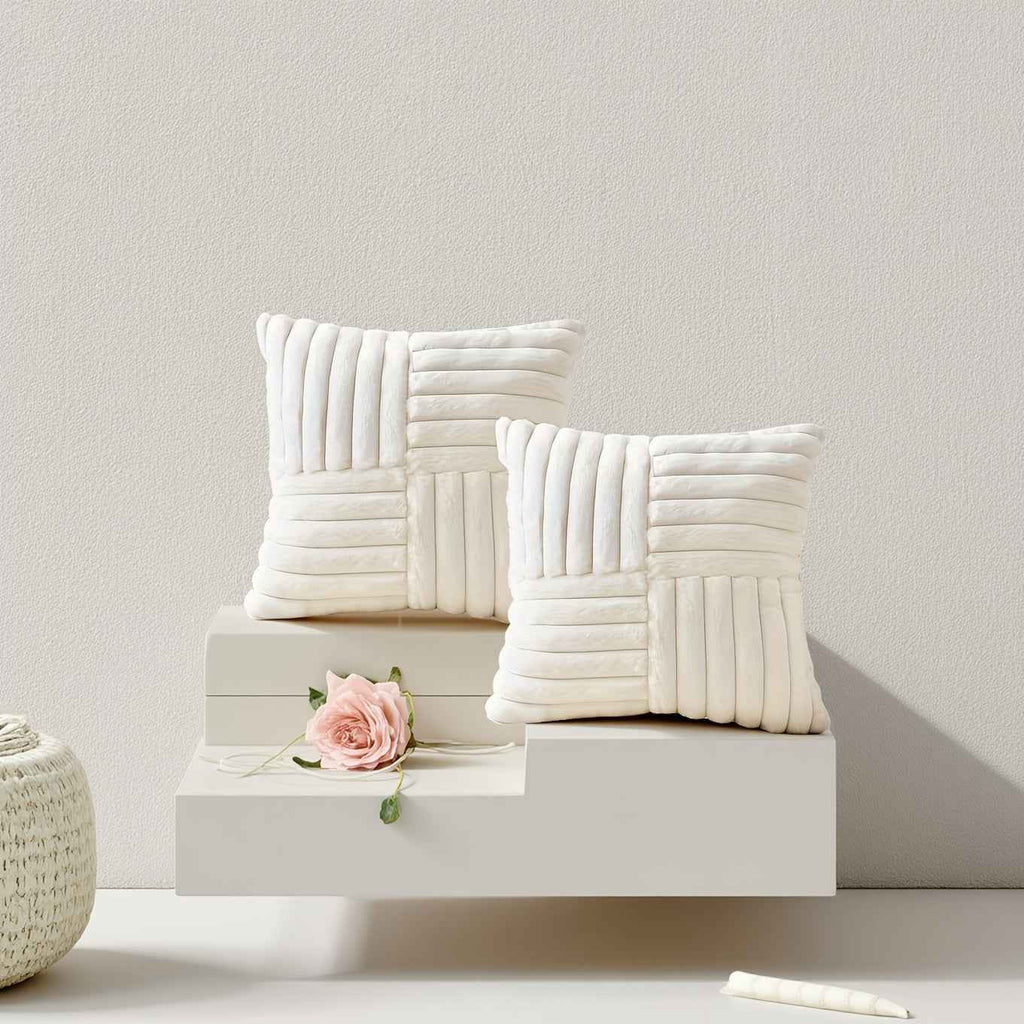 2pcs Soft Plush Faux Fur Throw Pillow Covers with Zipper Closure - Cozy Striped Design in Beige, Pink, Red, Gray - Perfect for Living Room Sofa & Bedroom Decor, Machine Washable, Bedroom Decor | Cozy Home Accents | Plush Text