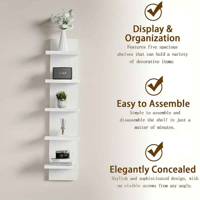 5-Tier White PVC Wall-Mounted Shelf System - Heavy-Duty 5-Layer Vertical Storage Unit with Space-Saving Shelving for Books, Plants & Decor, Modern Minimalist Hanging Cabinet for Bedroom, Living Room, Entryway - Easy Installat