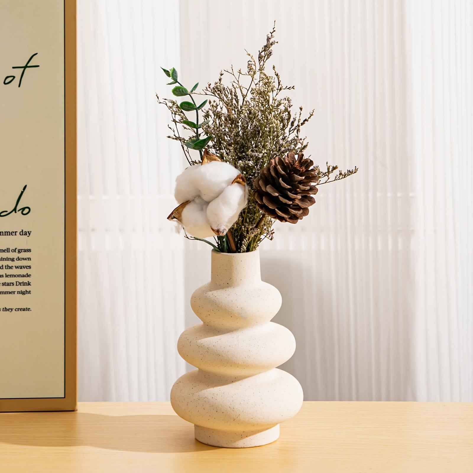 Modern Boho Ceramic Vase - Geometric Spiral Design Nordic Minimalist Vase for Pampas Grass, White Ceramic Centerpiece for Dining Room, Living Room, Wedding & Entryway Decor, Vases Home Decor