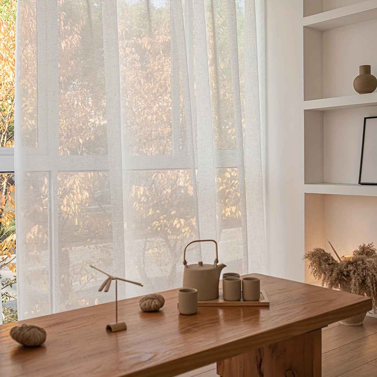 2pcs Beige Linen Sheer Curtains - Japanese Style, Light Filtering & Privacy Rod Pocket Design for Living Room and Bedroom Decor, Curtains for Living Room