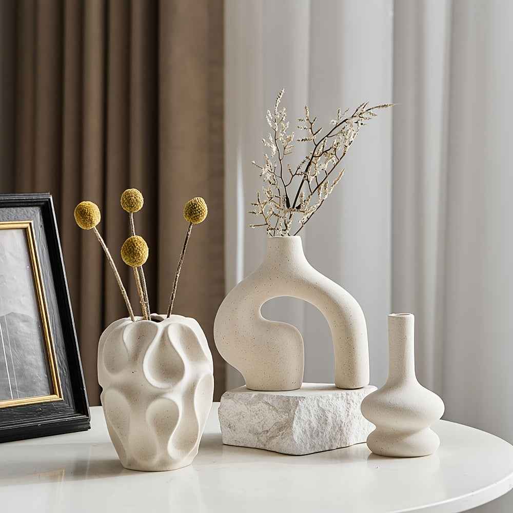 3pcs Boho Ceramic Vase Set - Modern Nordic Minimalist Round & Donut Shaped, Geometric Pattern, Ideal for Trendy Home Decor, Living Room, Entryway, Coffee Table - No Battery Required, Decorative Gift