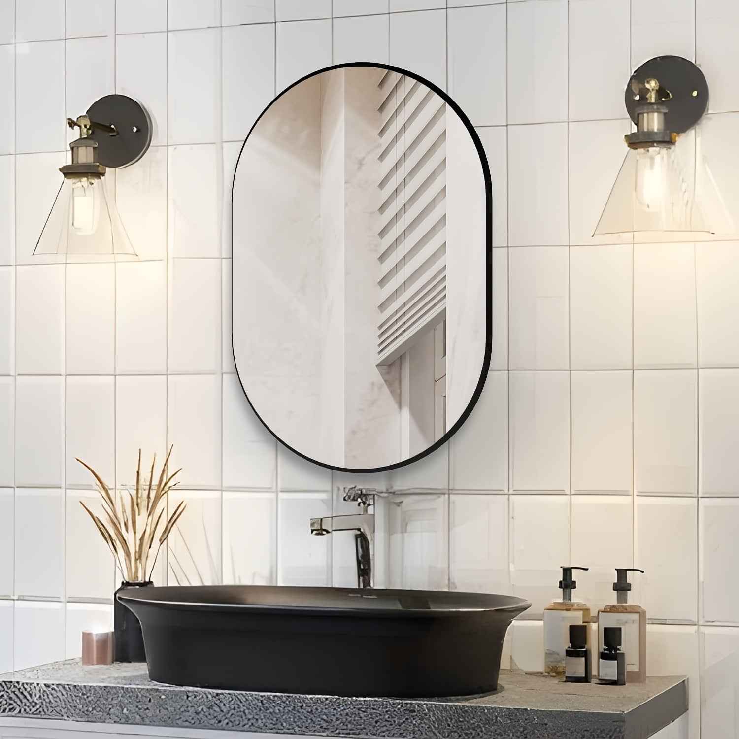 1pc 60x40cm Wall-Mounted Oval Bathroom Vanity Mirror with Brushed Aluminum Frame - Modern Space-Saving Design, Golden/Black, No Electricity Needed for Bathroom, Bedroom, or Dressing Room, Bathroom Mirrors for Wall, Bedroom Ac