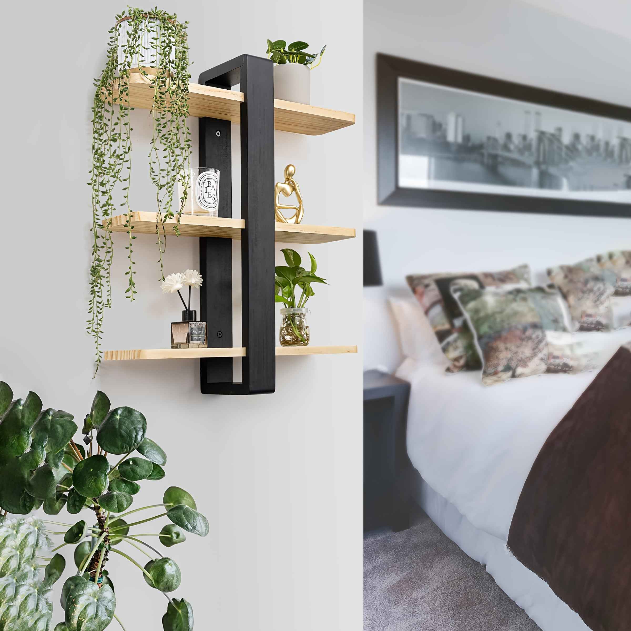 3 Tier Floating Shelves for Wall Mounted Shelving Unit  Pine Wood 3 Tier Large Shelf for Bedroom Living Room Office Bathroom Home Decoration Storage Plant Photo Display, Christmas Decorations for Home