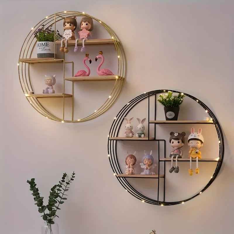 Golden, black, four-layer multi-functional storage shelf, round wall-mounted floating shelf - iron and wood combination, living room, bedroom, bathroom, dining and farmhouse storage multi-functional organizer (lights not incl