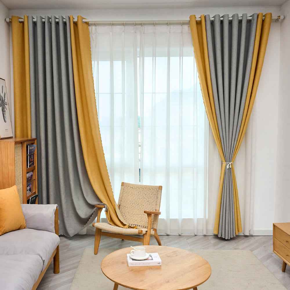 1pc Classic Gray & Yellow Fabric Patchwork Curtain - Light-Blocking, Machine Washable, Cordless Design for Bedroom & Living Room Decor, Curtains for Living Room