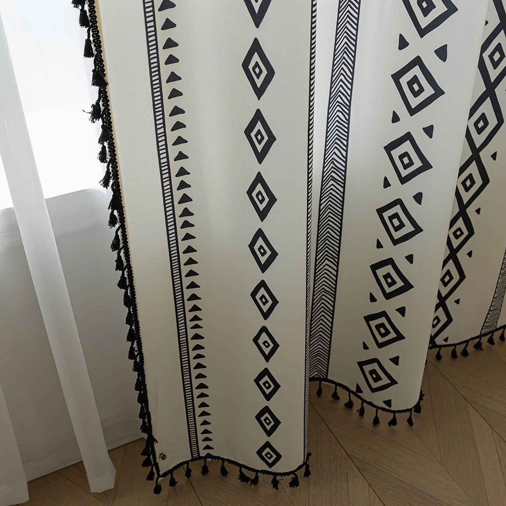 2 See Bohemian Black Geometric Tassel Kitchen Curtains, Black Modern Farmhouse Window Curtains for Bedroom, Living Room, Bathroom, Office - Polyester, Rod Pocket, Light Filtering, Washable