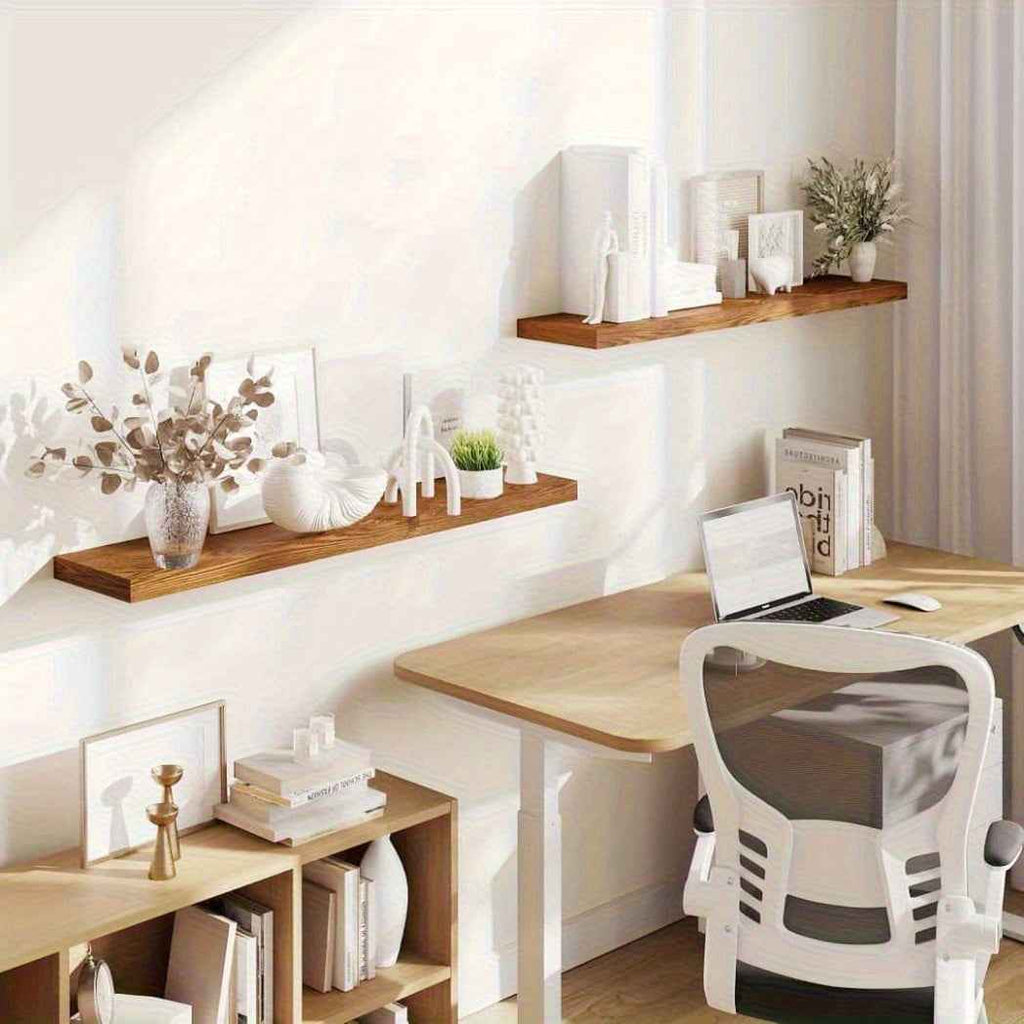 Rustic Wood Floating Shelves - Wall Mounted Home Decor with Heavy Duty Brackets, Natural Wood Finish, Easy to Install, Perfect for Living Room, Bedroom, Bathroom, Kitchen And Study, Display Photos, Plants, Books And More, Ver