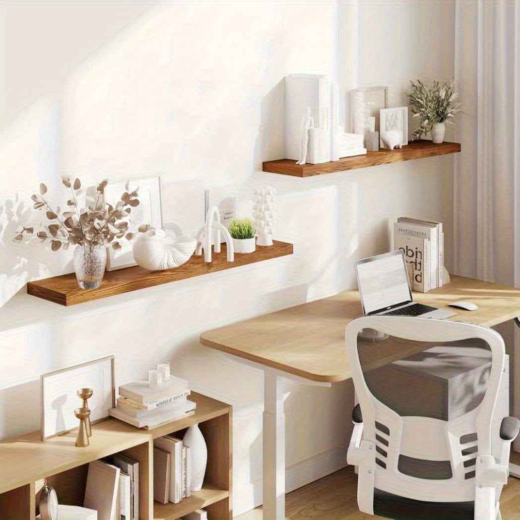 Rustic Wood Floating Shelves - Wall Mounted Home Decor with Heavy Duty Brackets, Natural Wood Finish, Easy to Install, Perfect for Living Room, Bedroom, Bathroom, Kitchen And Study, Display Photos, Plants, Books And More, Ver