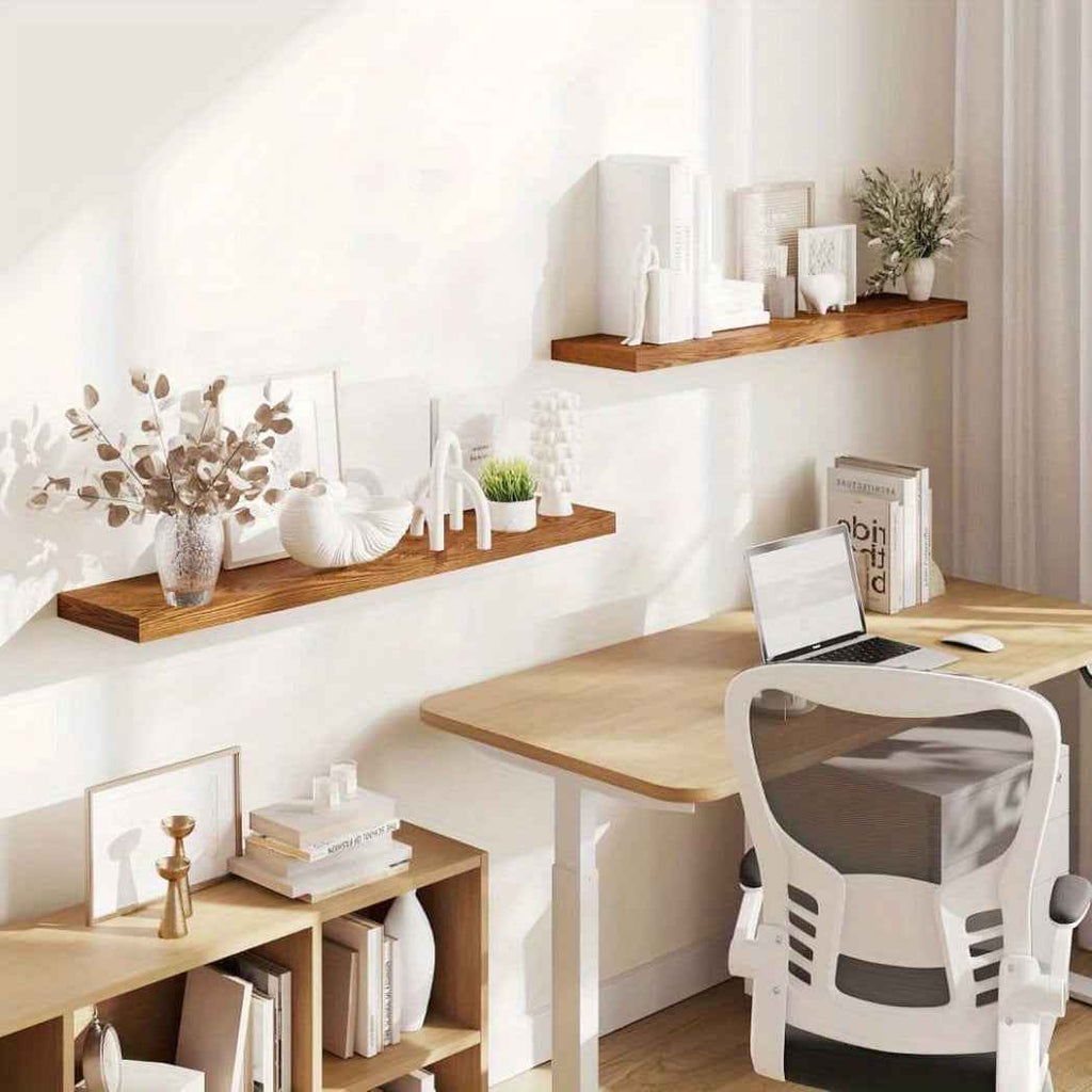 Rustic Wood Floating Shelves - Wall Mounted Home Decor with Heavy Duty Brackets, Natural Wood Finish, Easy to Install, Perfect for Living Room, Bedroom, Bathroom, Kitchen And Study, Display Photos, Plants, Books And More, Ver