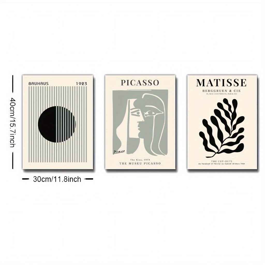 2D Flat, 3pcs Set Painting, Framed Canvas Posters for Home & Office Decor, Sage Green Wall Art, Bauhaus Poster, Modern Wall Art, Leaf Print, Minimalist Style, Abstract Art Décor, Line Art, Café, Living Room and Dorm Wall De