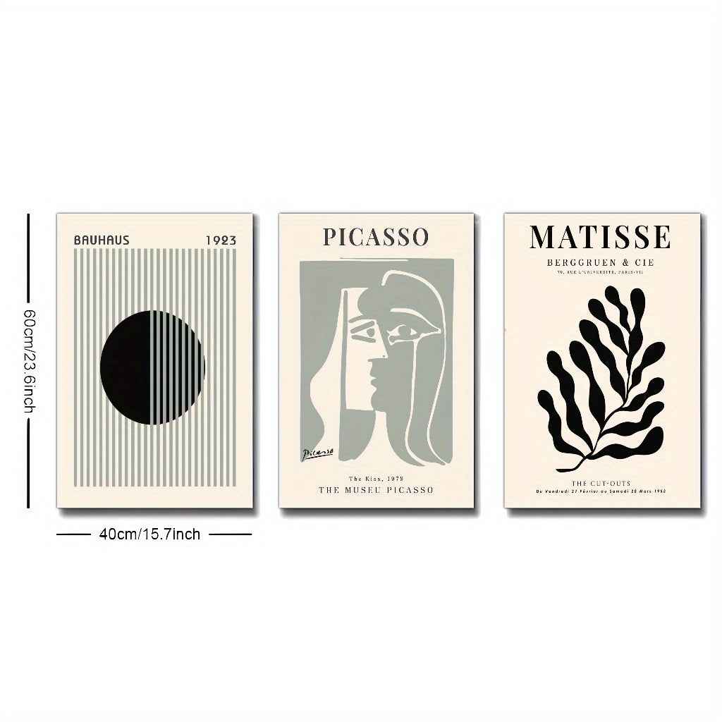2D Flat, 3pcs Set Painting, Framed Canvas Posters for Home & Office Decor, Sage Green Wall Art, Bauhaus Poster, Modern Wall Art, Leaf Print, Minimalist Style, Abstract Art Décor, Line Art, Café, Living Room and Dorm Wall De