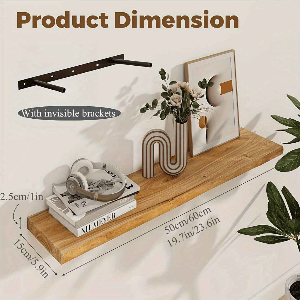Rustic Wood Floating Shelves - Wall Mounted Home Decor with Heavy Duty Brackets, Natural Wood Finish, Easy to Install, Perfect for Living Room, Bedroom, Bathroom, Kitchen And Study, Display Photos, Plants, Books And More, Ver